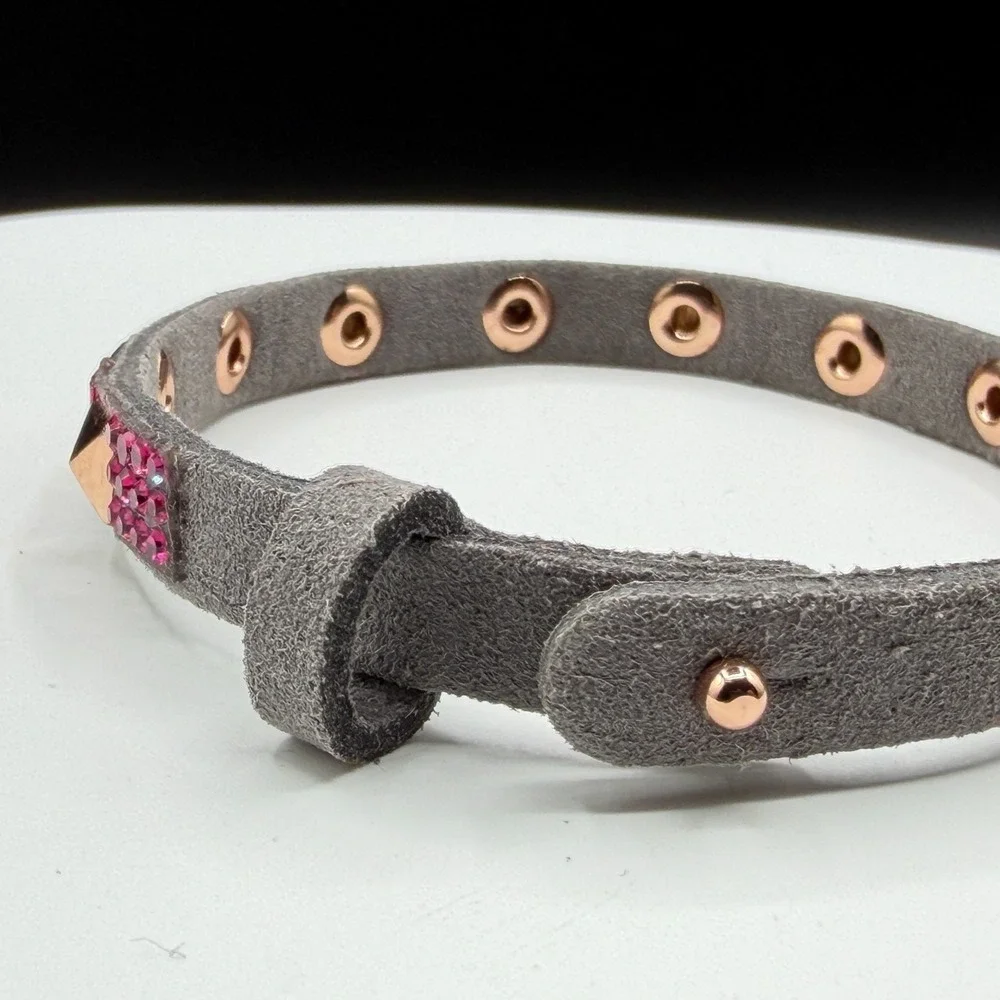 Gray Suede Studded Crystal Bracelet Rose Gold Tone Pink Rhinestone Gift Cuff